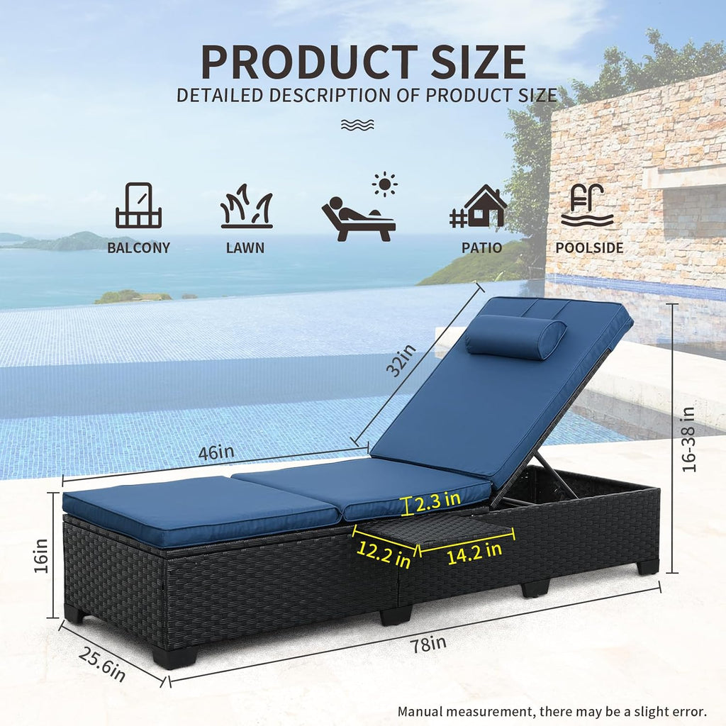 WAROOM Outdoor Chaise Lounge Chairs for Outside Patio Furniture Set of 2 Wicker Recliner Black Rattan Sunbathing Lounger Adjustable Backrest Pool Reclining Chair, Navy Blue Cushion