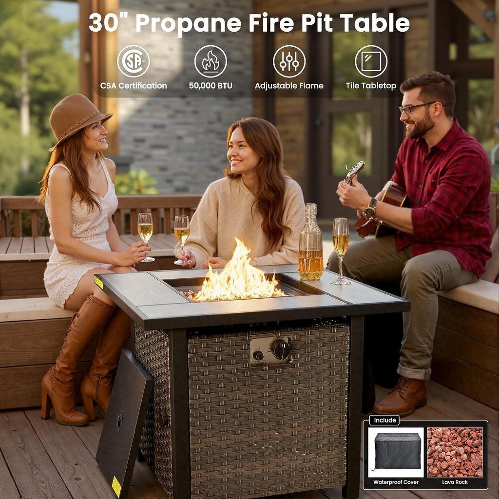 ovios 7 Pieces Patio Furniture Set with 30 inch Fire Pit Table, Outdoor Wicker Sofa Couch Swivel Rocking Glider Chairs, Modern Luxury Conversation Set, Brown Wicker, Navy Blue