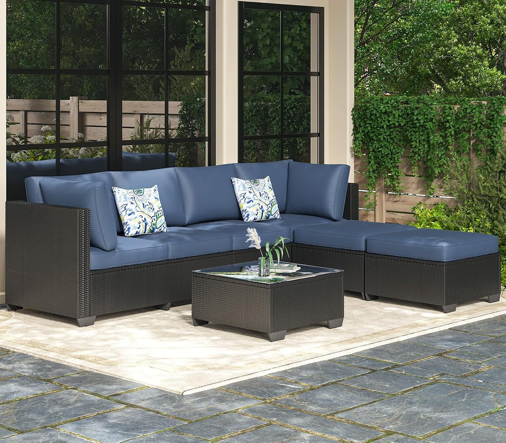 AECOJOY 7 Piece Outdoor Patio Furniture Set, Outdoor Sectional Conversation Furniture Chair with Coffee Table, Patio Sectional for Backyard, Garden(Navy Cushions and Black Rattan, with Cover)
