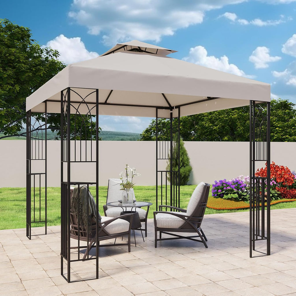 EAGLE PEAK Patio Gazebo 8x8 with Corner Shelves, Double Roof Outdoor Pavilion for Lawn, Deck, Garden and Backyard, Beige