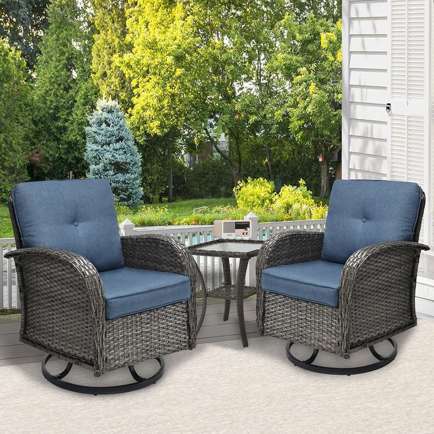 SHGJ&SOFT 3 Piece Patio Furniture Set, 2 Outdoor Swivel Rocking Chairs with Side Table, Wicker Glider Chairs, All-Weather Rattan Bistro Set for Porch, Deck, Pool (Blue, Grey Full-Weave Rattan)