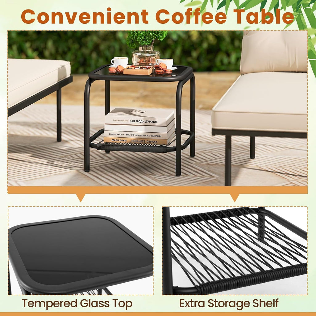 Tangkula 3-Piece L Shaped Patio Furniture Set, PE Rattan Sectional Sofas with Tempered Glass Table, Back and Seat Cushions, Outdoor Conversation Set for Porch, Backyard and Poolside
