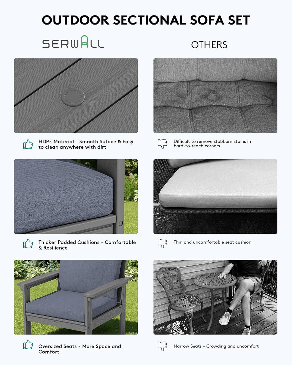 SERWALL HDPE Patio Conversation Set, 6-piece Sectional Outdoor Furniture Set, All Weather Outdoor Couch Set Patio Furniture Set for Deck, Lawn, Grey Frame with Grey Cushion