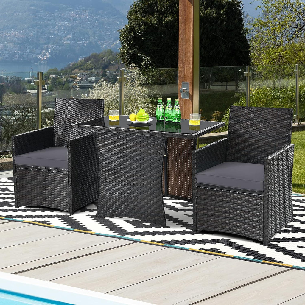 Tangkula 3 Pieces Patio Dining Set, Space-Saving PE Rattan Bistro Set with Tempered Glass Top Table and Cushioned Chairs, Outdoor Conversation Set for Garden Backyard Poolside Porch (Gray)