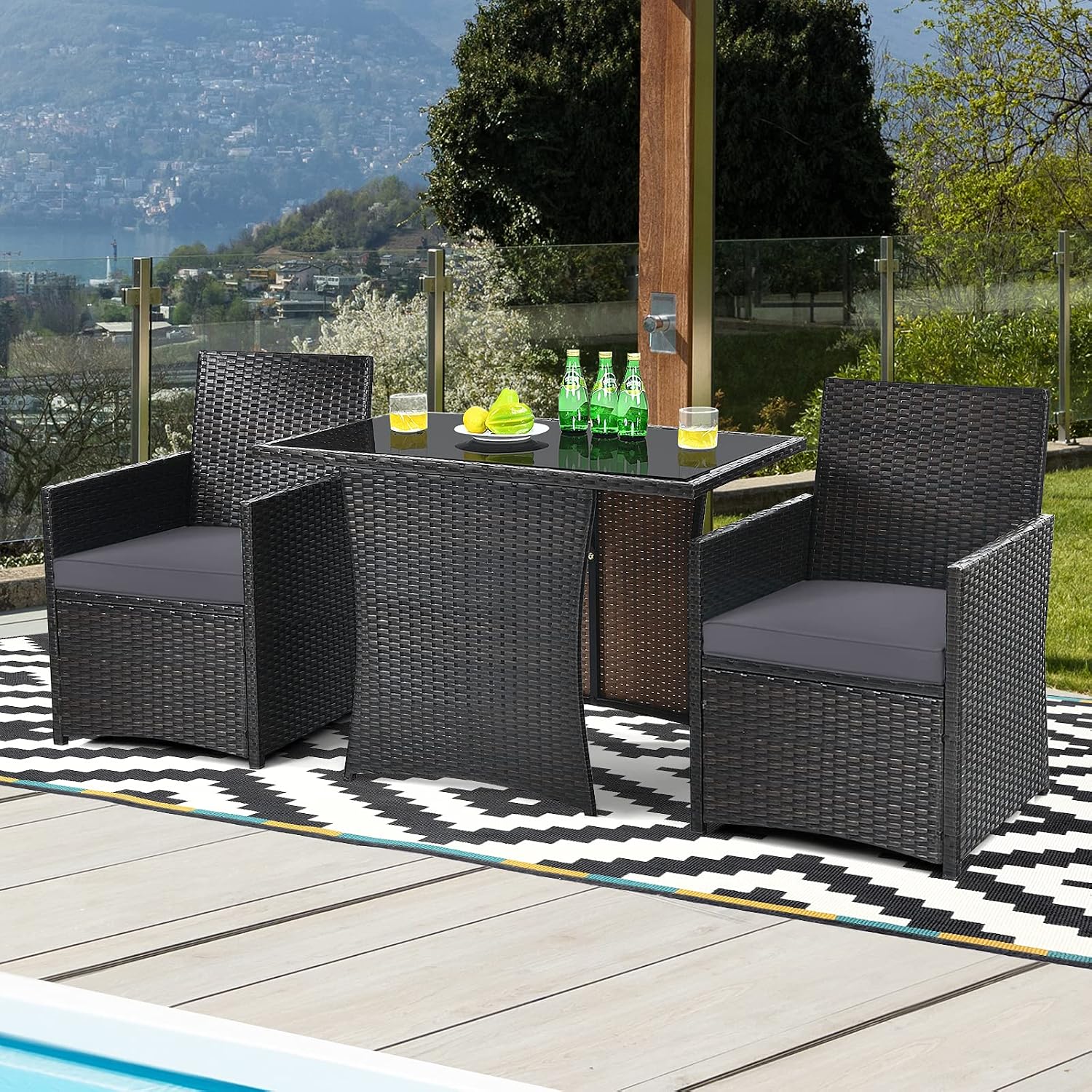 Tangkula 3 Pieces Patio Dining Set, Space-Saving PE Rattan Bistro Set with Tempered Glass Top Table and Cushioned Chairs, Outdoor Conversation Set for Garden Backyard Poolside Porch (Gray)