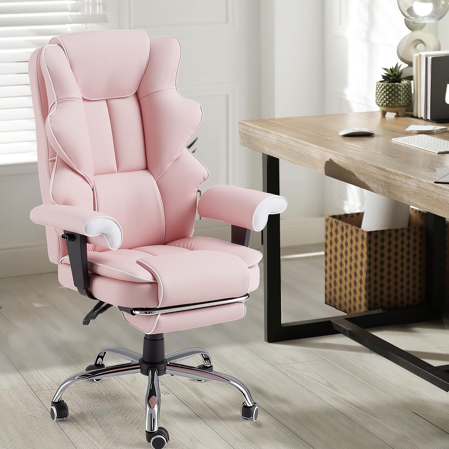 HOMREST 6-Point Massage Executive Chair,Heat Office Chair,Ergonomic Home Office Desk Chairs with Retractable Footrest and Reclining Function,Leather Computer Chair with Adjustable Armrest(‌Pink)