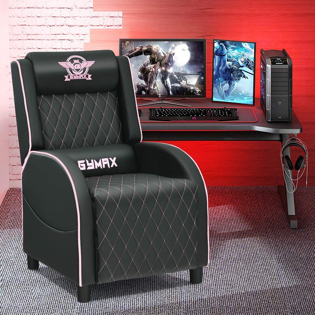 GYMAX Massage Gaming Recliner Chair, Ergonomic Racing Style Single Sofa with Adjustable Headrest, Backrest & Footrest, Home Theater Sofa for Living Room Office (Pink)