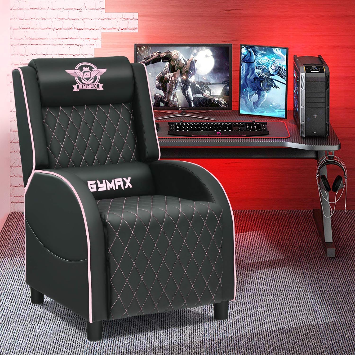 GYMAX Massage Gaming Recliner Chair, Ergonomic Racing Style Single Sofa with Adjustable Headrest, Backrest & Footrest, Home Theater Sofa for Living Room Office (Pink)