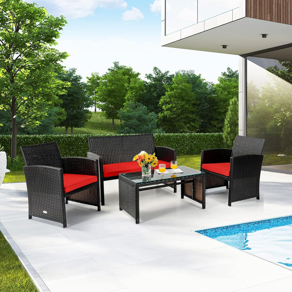 COSTWAY 4 Piece Patio Furniture Set, Outdoor PE Rattan Wicker Sectional Sofa with Cushion and Coffee Table, Patio Conversation Sets for Balcony Lawn Porch Patio Backyard Garden Poolside, Red