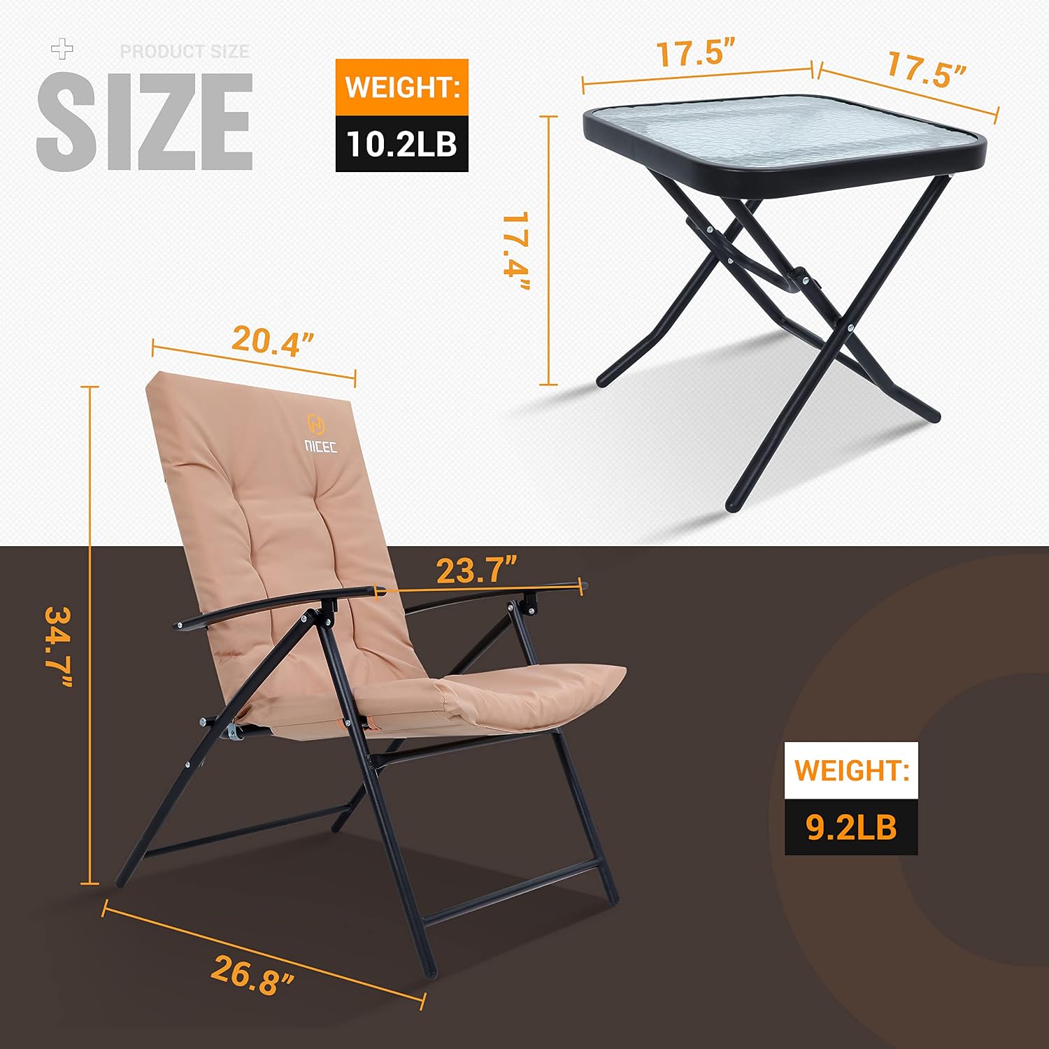 Nice C Patio Table and Chairs Set, Bistro Outdoor Table and Chairs, Bistro Set of 2, Garden Furniture Table Set, Glass Table and 2 Folding Chairs (Khaki-3 Piece)