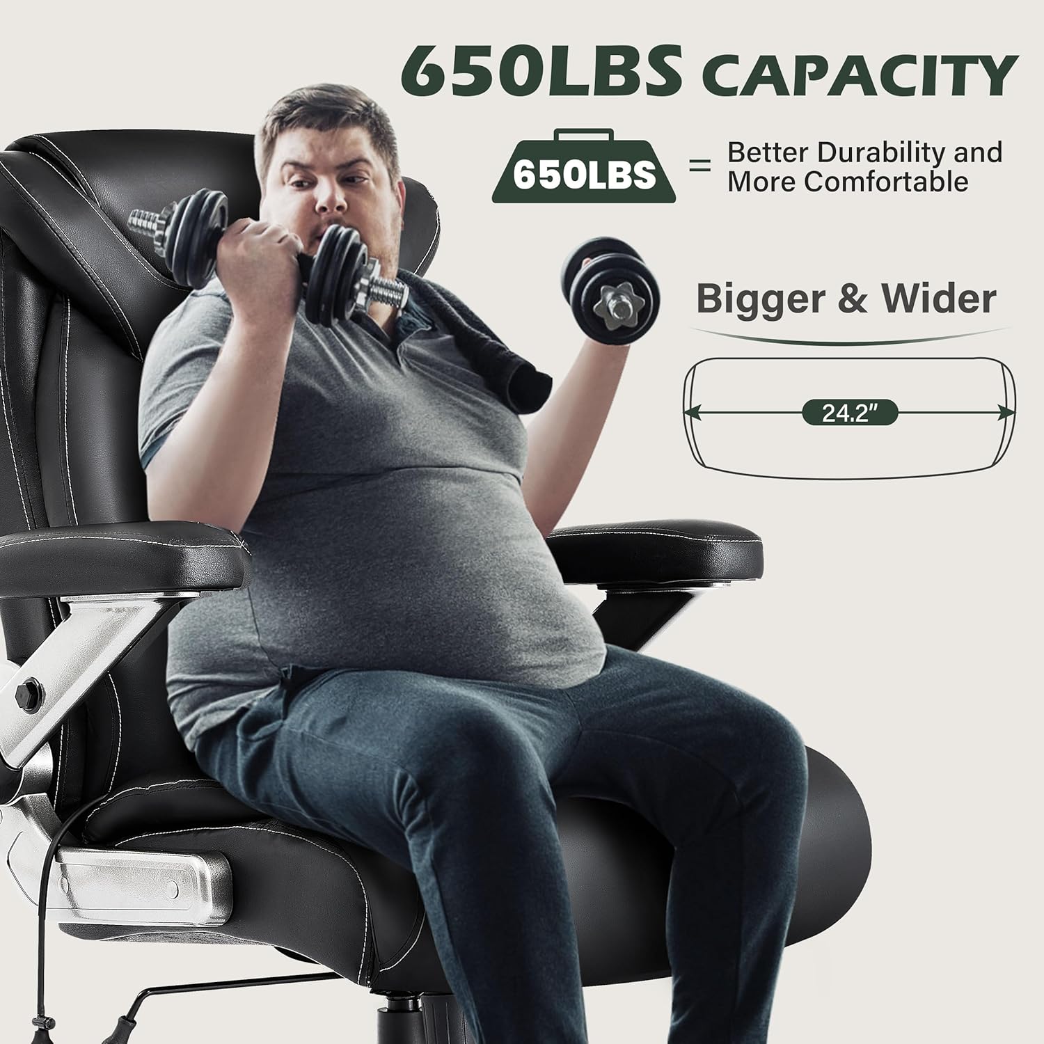 Large Big and Tall Office Chair 650lbs with Thick Spring Cushion, 5D Flip Arm Ergonomic Executive Office Chair Adjustable Lumbar Airbag&Extra Wide, Comfy Padded Heavy Duty Game Chair Dual Rubber Wheel