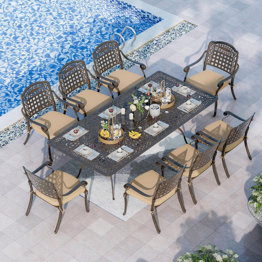 Grepatio 9 Piece Cast Aluminum Patio Furniture Set Outdoor Dining Set Bistro Furniture Set with 8 Armchairs and Dining Table, 8 Cushions for Backyard Garden Poolside (Grid Khaki)