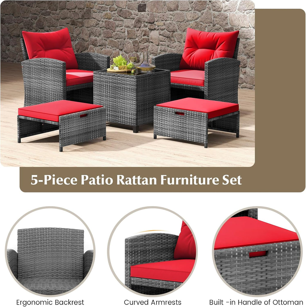 KOTEK 5 Pieces Patio Furniture Set with Ottomans, Wicker Patio Conversation Set with Coffee Table & Cushions, PE Rattan Outdoor Lounge Chairs for Backyard, Porch, Poolside (Mix Grey- Red)