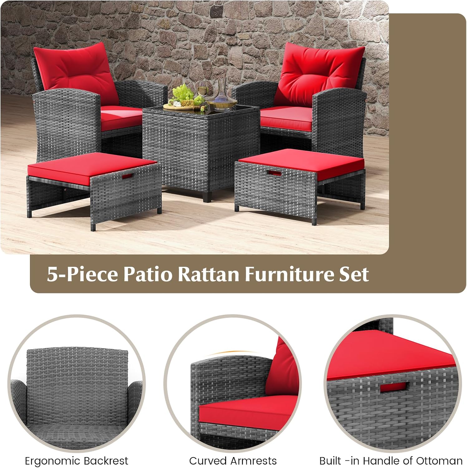 KOTEK 5 Pieces Patio Furniture Set with Ottomans, Wicker Patio Conversation Set with Coffee Table & Cushions, PE Rattan Outdoor Lounge Chairs for Backyard, Porch, Poolside (Mix Grey- Red)