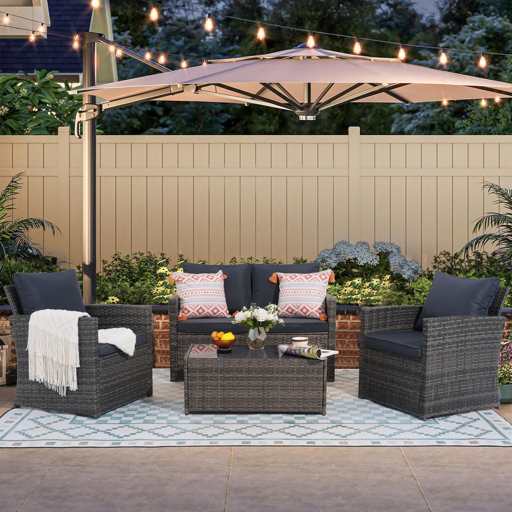 JOIVI 4 Piece Outdoor Patio Furniture Set, All-Weather Wicker Patio Conversation Set, PE Rattan Sofa Set with Loveseat Chair and Tempered Glass Coffee Table, Dark Gray