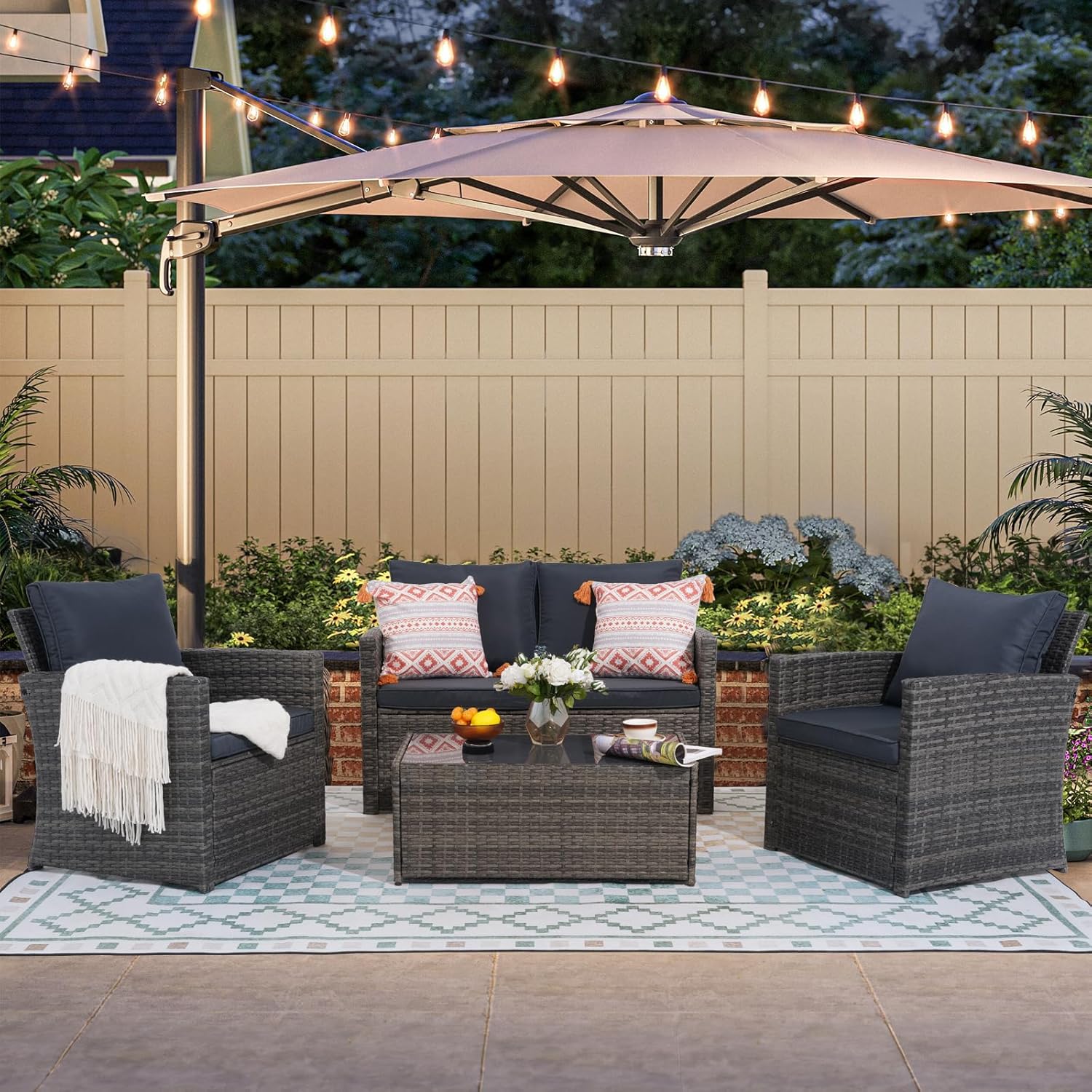 JOIVI 4 Piece Outdoor Patio Furniture Set, All-Weather Wicker Patio Conversation Set, PE Rattan Sofa Set with Loveseat Chair and Tempered Glass Coffee Table, Dark Gray
