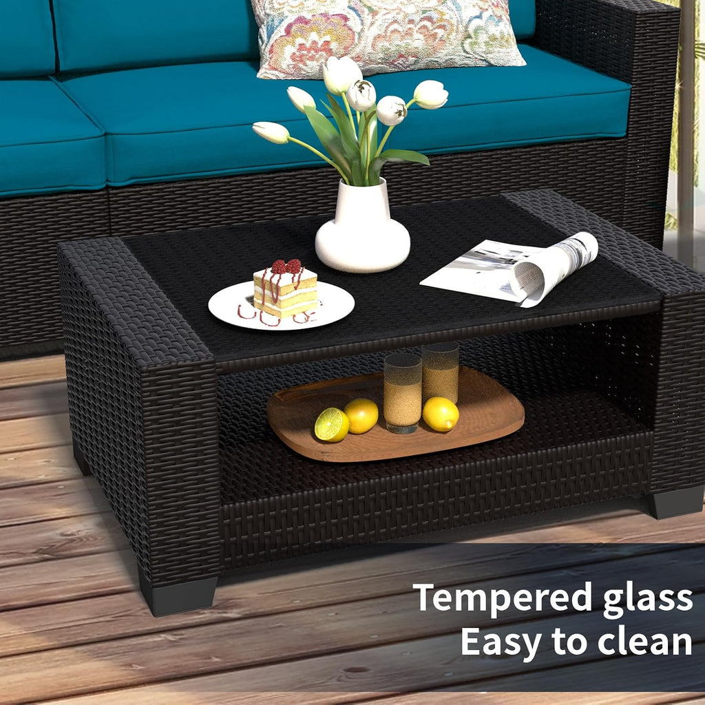 SHGJ&SOFT 7 Piece Patio Furniture Set, Wicker Outdoor Sectional Sofa with Washable Cushion Covers and Tempered Glass Table, Rattan Conversation Set for Poolside