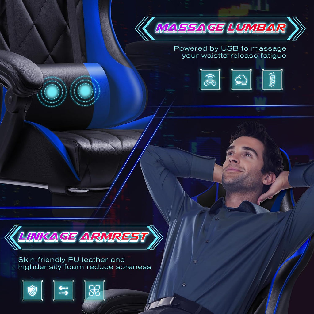 Shahoo Gaming Chair with Footrest and Massage Lumbar Support, Computer Game Chairs Ergonomic Office Seat Height Adjustable with Headrest, Blue