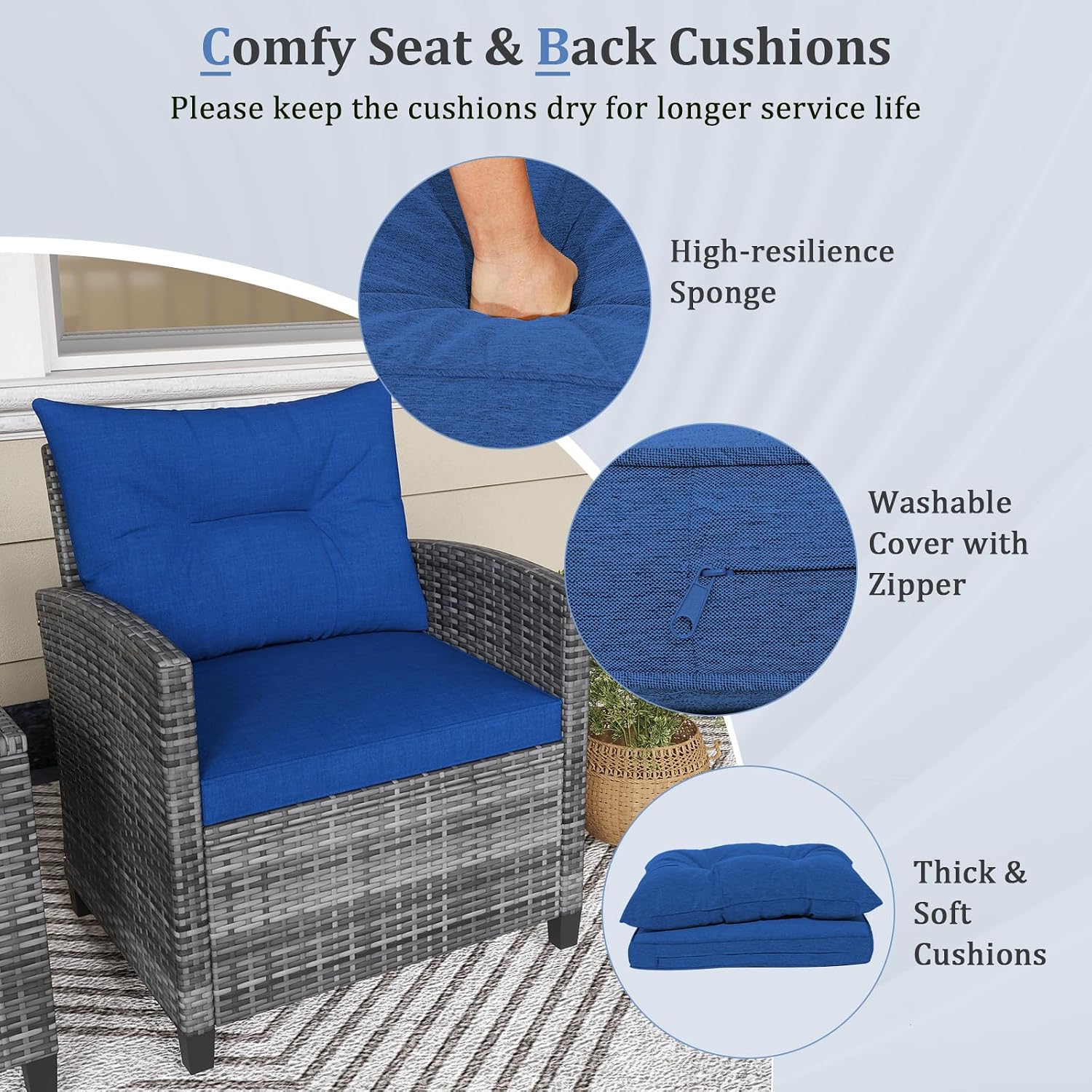 KOTEK 3 Piece Patio Furniture Set, Outdoor PE Rattan Conversation Set with Washable Cushions & Tempered Glass Tabletop, Wicker Chairs and Table Set for Porch, Garden, Balcony (Navy)