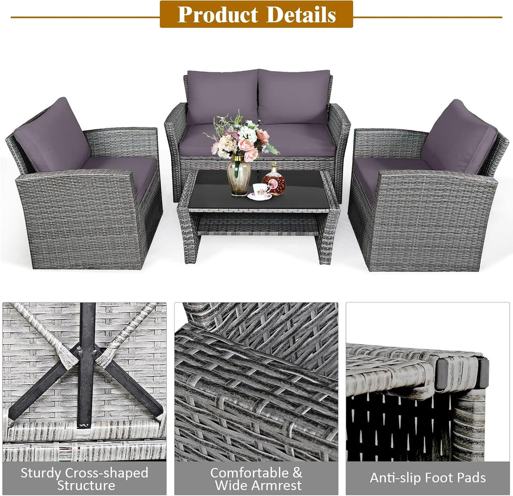 COSTWAY 4 Pieces Patio Rattan Furniture Set, Outdoor Wicker Sofa Set with Tempered Glass Coffee Table, Cushions, All Weather Rattan Conversation Set for Yard Balcony Backyard Pool (Grey)
