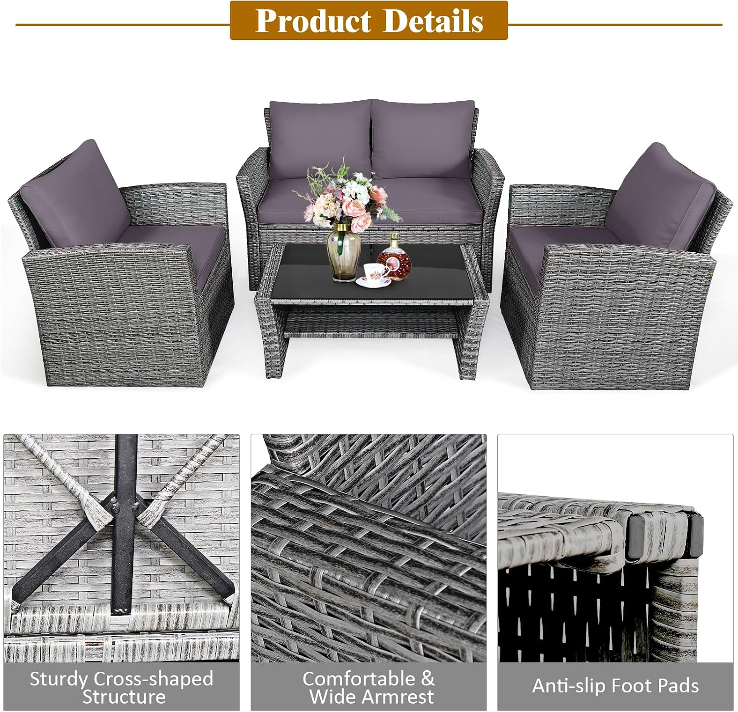 Tangkula 4 Pieces Patio Furniture Set, All Weather Outdoor Sectional Rattan Sofa Set with Cushions & Tempered Glass Table, Wicker Conversation Couch Set for Backyard Garden Poolside