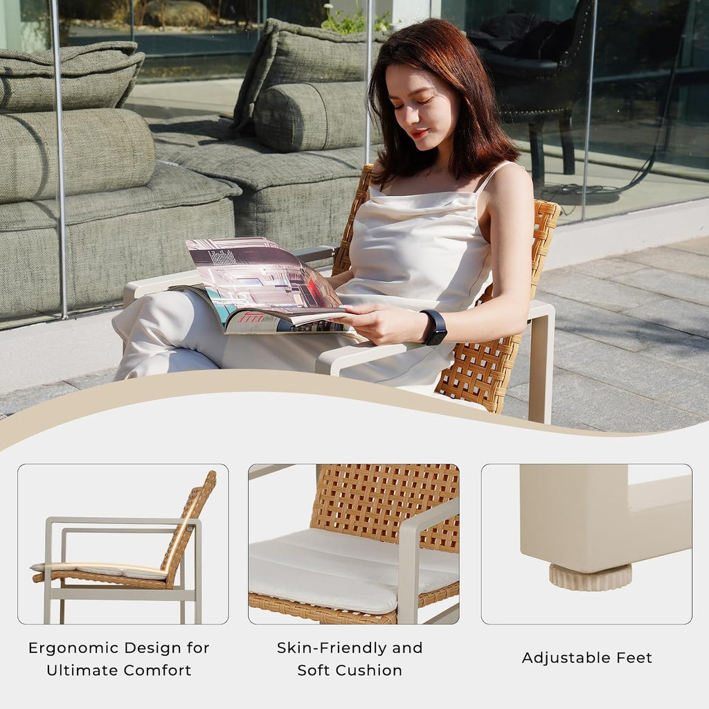 Grand patio 5-piece Outdoor Dining Set, Wicker Patio Dining Table Set for 6 with Seat Cushion, Modern Metal Outdoor Furniture Loveseat Chairs Bench Set for Backyard Garden Deck