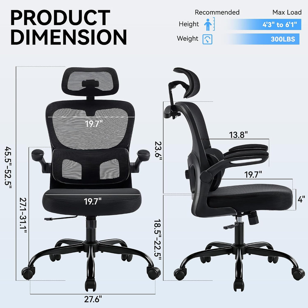 AreShark Office Chair-Ergonomic Desk Chair with Hidden Hanger & Flip-Up Arms, High Back Mesh Computer Chair with 2D Headrest & Adjustable Lumbar, Comfy Rolling Task Chair for Home Work Gaming, Black