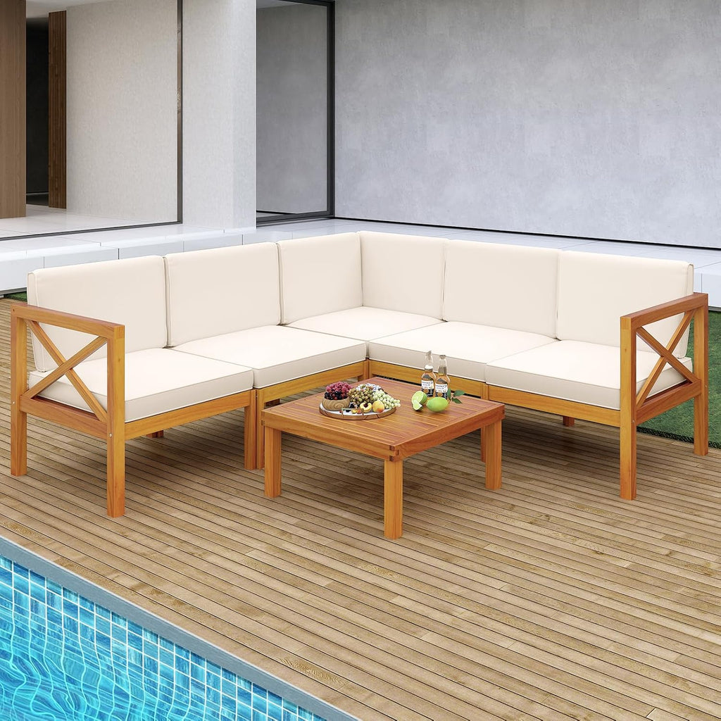 Tangkula 6 Pieces Acacia Wood Patio Furniture Set, Outdoor Sectional Conversation Set with Cushions and Coffee Table, L Shaped Corner Sofa Set for Garden, Porch, Poolside and Backyard (Off White)