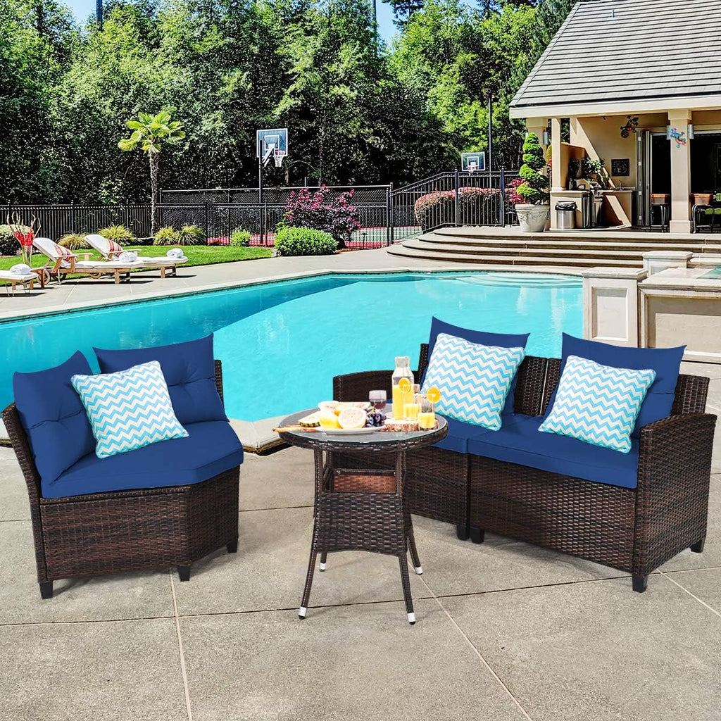 Tangkula 4-Piece C Shape Patio Furniture Set, Outdoor Corner Wicker Rattan Sectional Cushioned Sofa Set, with Glass Coffee Table, for Garden Poolside Balcony (Navy Blue)