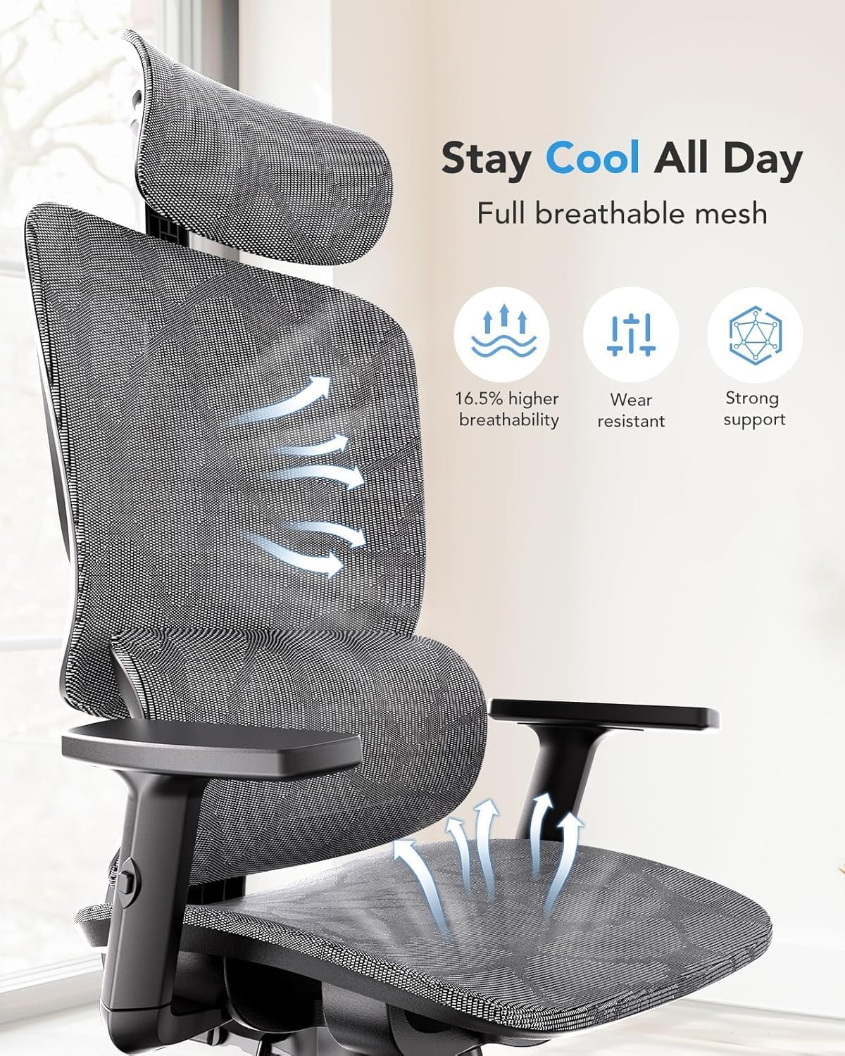 HUANUO Ergonomic Mesh Office Chair with 5-Level Lumbar Support, Computer Gaming Chair with Adjustable Headrest & Armrests, Rocking Tilt, Comfortable High Back Desk Chair for Home Office,2 Pack