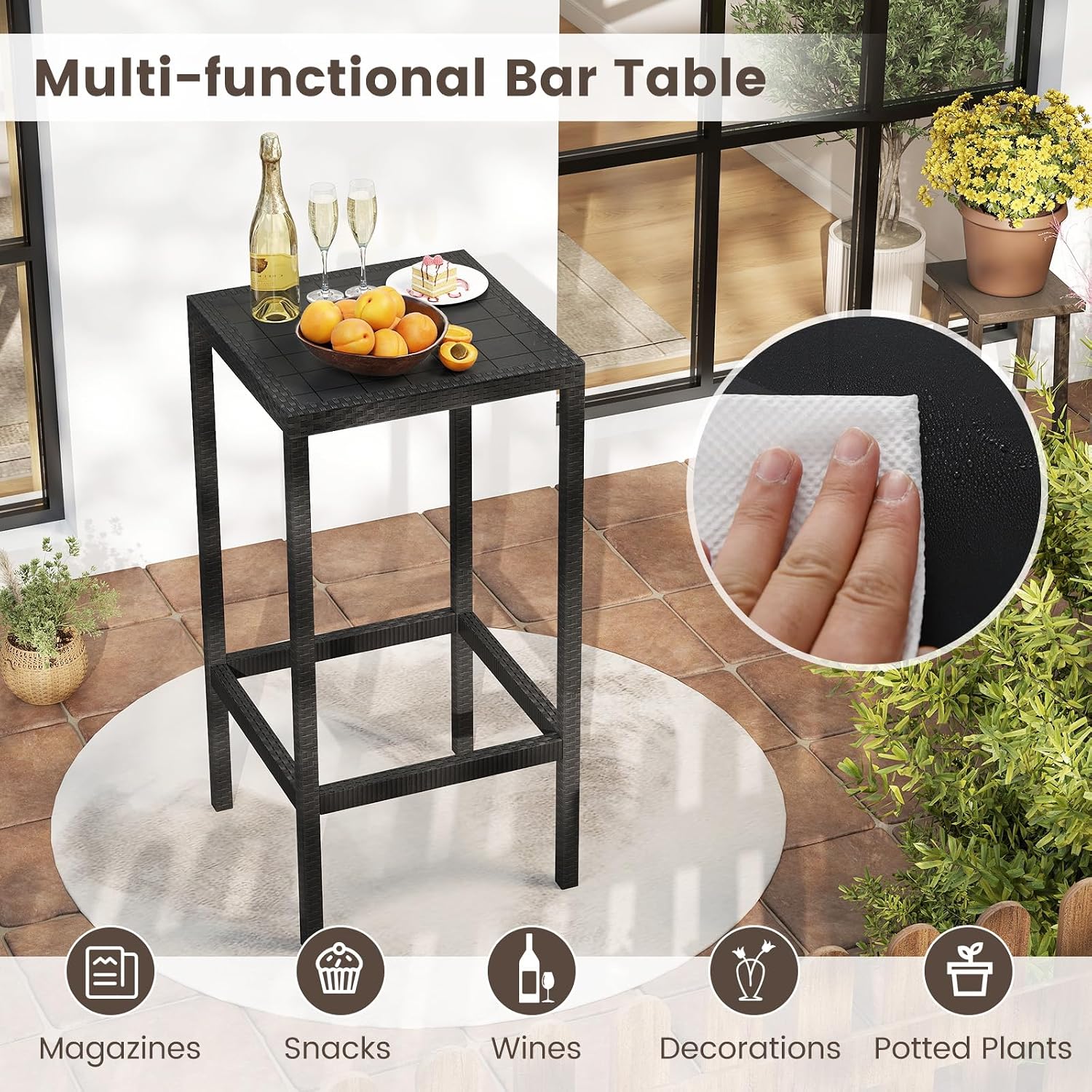 COSTWAY 3 Pieces Patio Bar Set, Modern Outdoor Bistro Set with 2 Chairs and 1 Square Bar Table, Curved Backrest and Armrests, Metal Frame, for Garden, Balcony, Poolside, Black