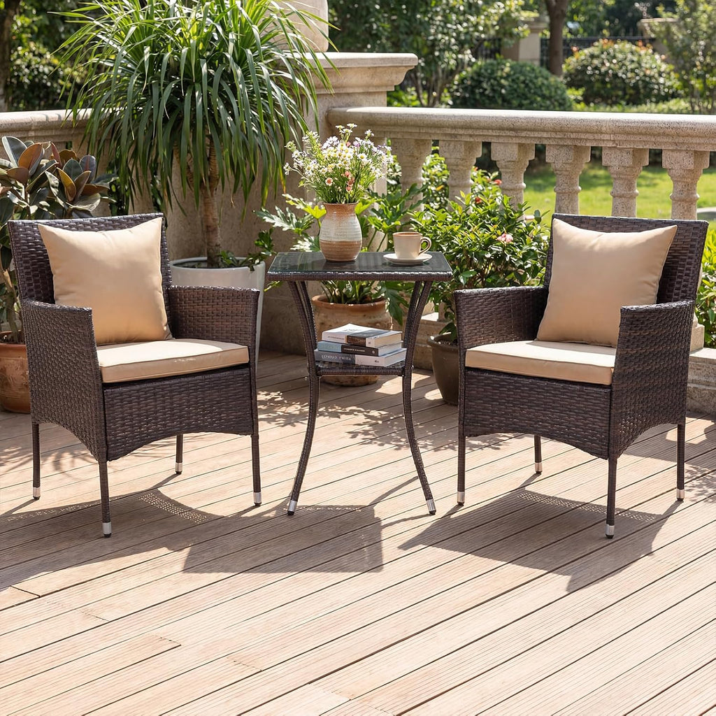 Tangkula 3 Pieces Patio Wicker Bistro Set, 2 Rattan Chairs w/ 2-Tier Tempered Glass Table, Outdoor Conversation Furniture Set with Cushions for Backyard, Porch, Poolside (Mix Brown+Beige)