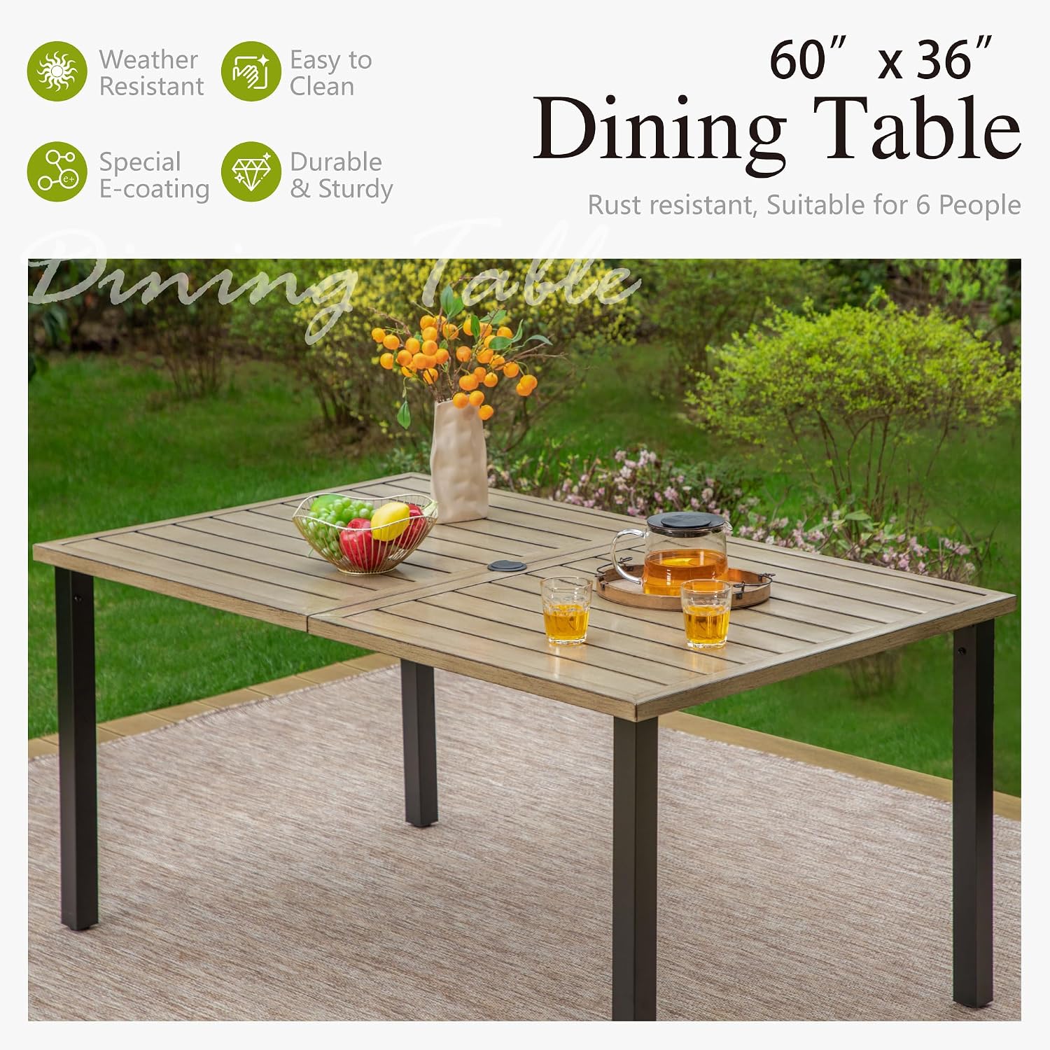 Sophia & William Patio Table and Chairs Set, Outdoor Dining Set for 6, 7 Piece Metal Patio Furniture, 60' Rectangular Table with Wood-Like Tabletop(Stripe)