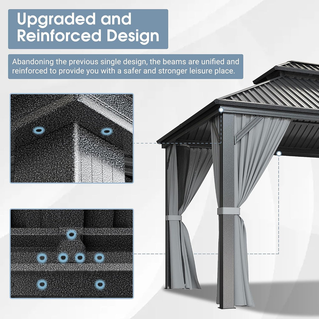 Polar Aurora 10x12 FT Hardtop Gazebo with Aluminum Frame, Galvanized Steel Double Roof Gazebo with Nettings and Curtains, Permanent Outdoor Metal Pavilion for Patio, Deck, Lawn and Garden, Gray
