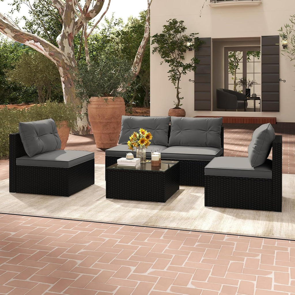 RELAX4LIFE 5-Piece Outdoor Patio Furniture Set, Rattan Sectional Sofa Set w/Glass-Top Coffee Table, Soft Seat & Back Cushions, Bistro Set for Garden Backyard Porch, Wicker Conversation Set (Grey)