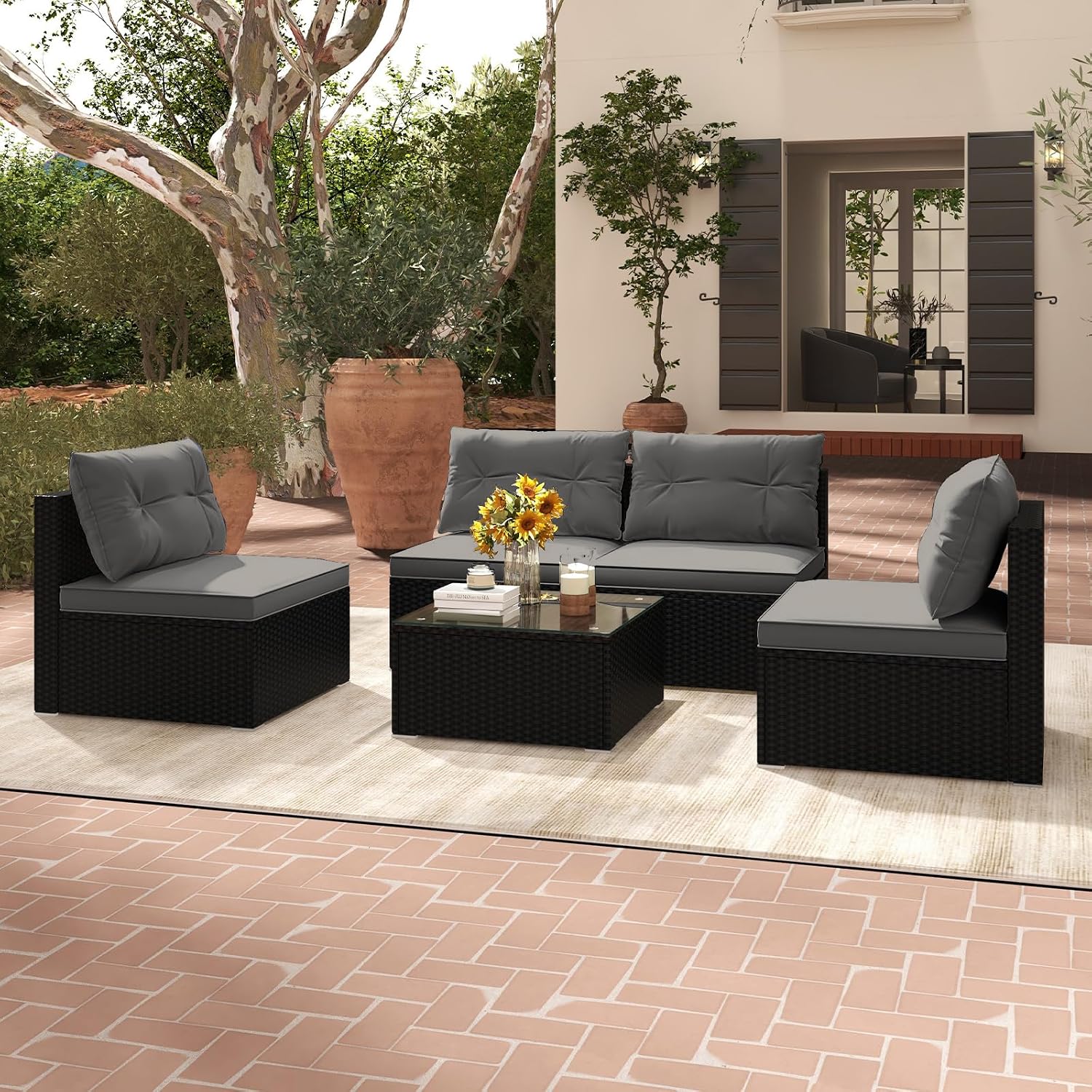 RELAX4LIFE 5-Piece Outdoor Patio Furniture Set, Rattan Sectional Sofa Set w/Glass-Top Coffee Table, Soft Seat & Back Cushions, Bistro Set for Garden Backyard Porch, Wicker Conversation Set (Grey)