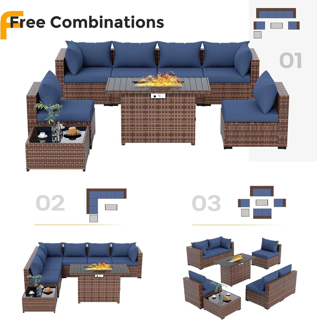 UDPATIO Furniture Set with Fire Pit Table, 8 Piece Sectional Sofas, All-Weather Wicker Conversation for Garden, Backyard, Navy Blue