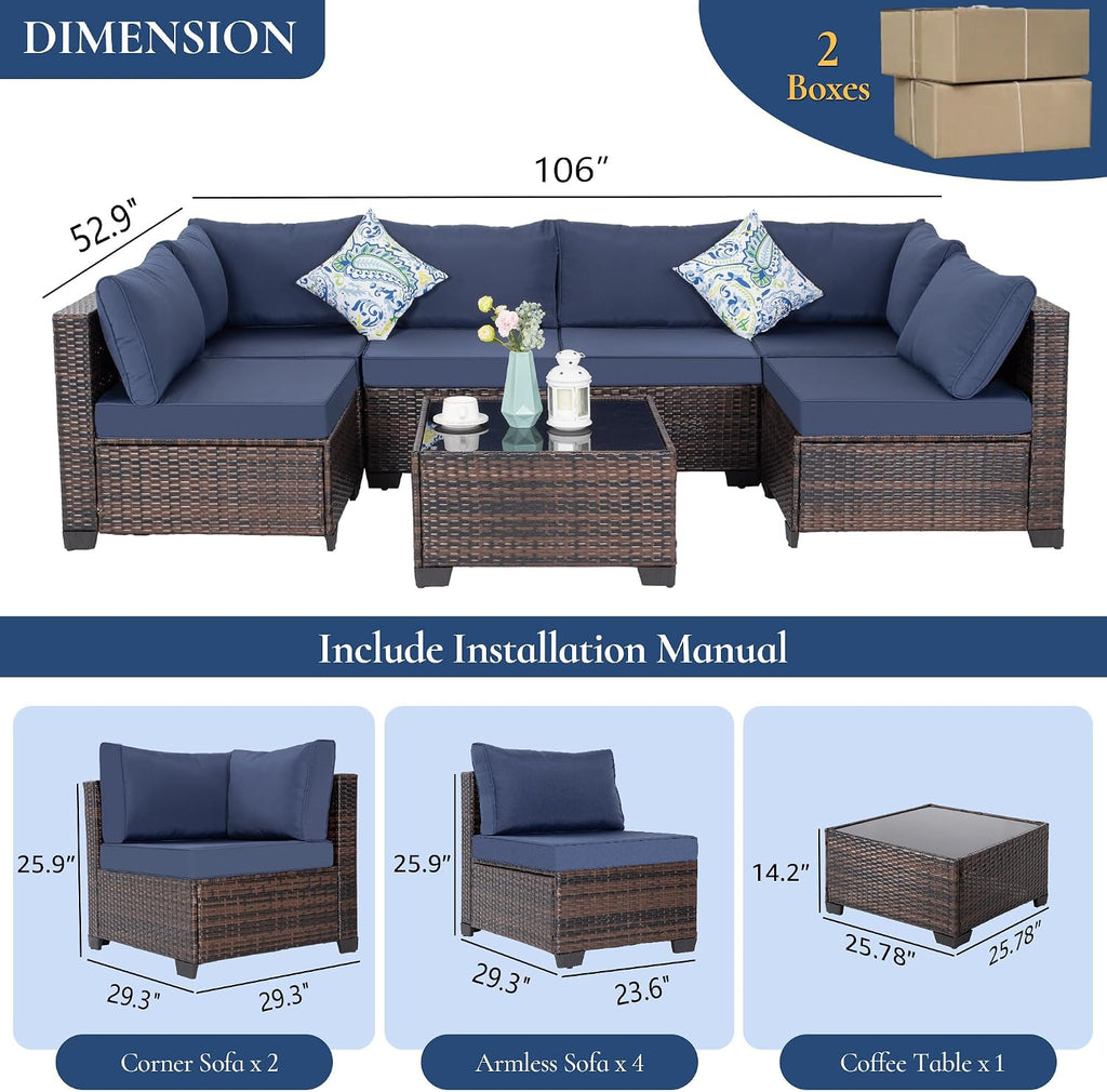 FHFO 7 Piece Outdoor Wicker Patio Furniture Set, Rattan Sectional Sofa Couch, Patio Conversation Set with Cushion & Coffee Table, for Backyard Poolside Porch Garden, Brown-Blue