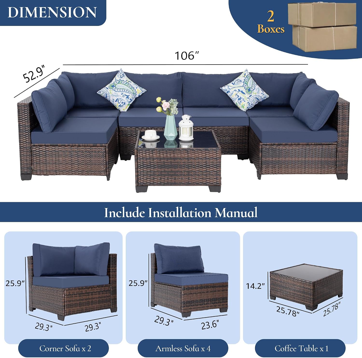 FHFO 7 Piece Outdoor Wicker Patio Furniture Set, Rattan Sectional Sofa Couch, Patio Conversation Set with Cushion & Coffee Table, for Backyard Poolside Porch Garden, Brown-Blue