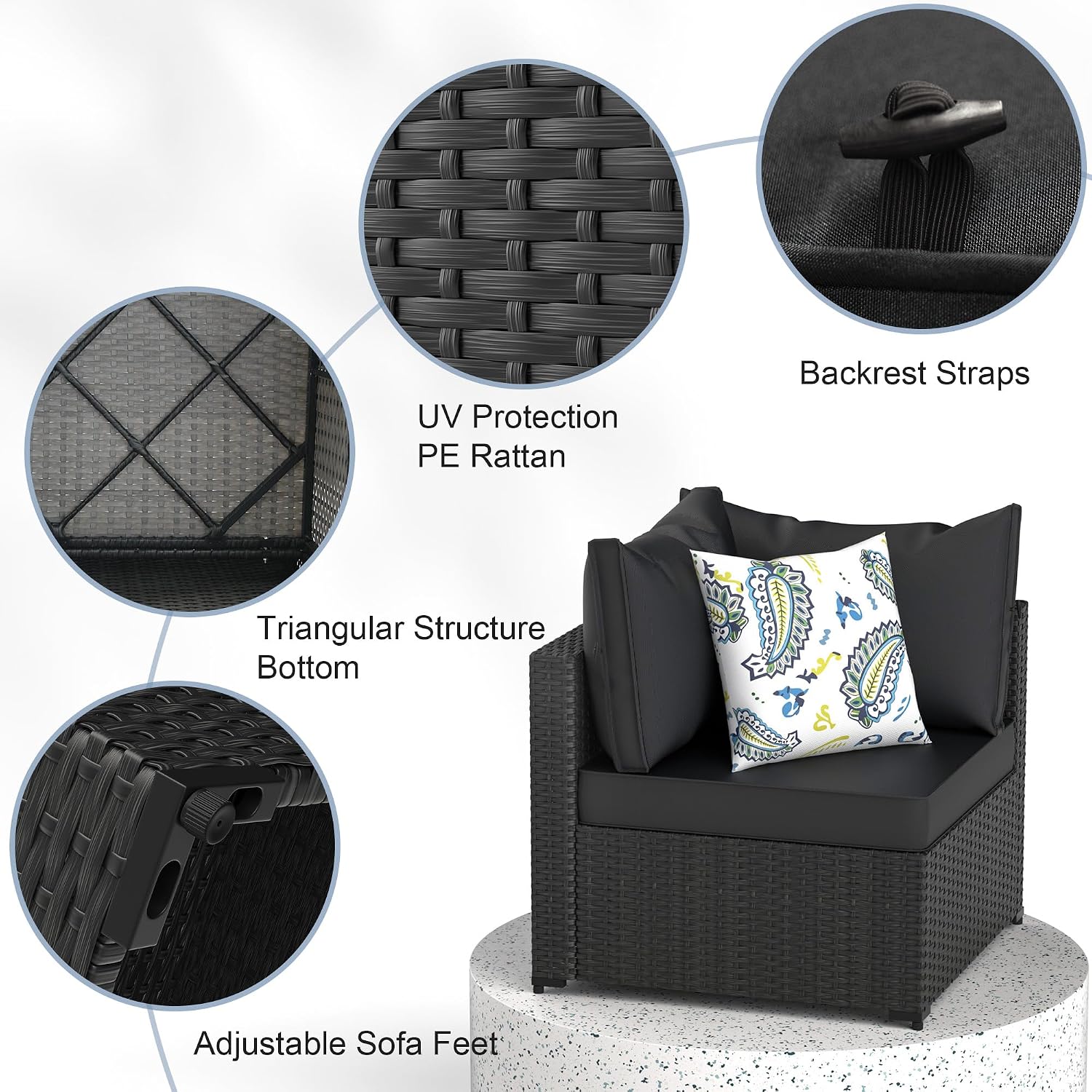 GOJOOASIS Patio Furniture Set Outdoor Sectional Sofa with Ottoman Wicker Couch Rattan Modular Seating Conversation Sets Porch Decor for Backyard, Balcony, Garden (Black)