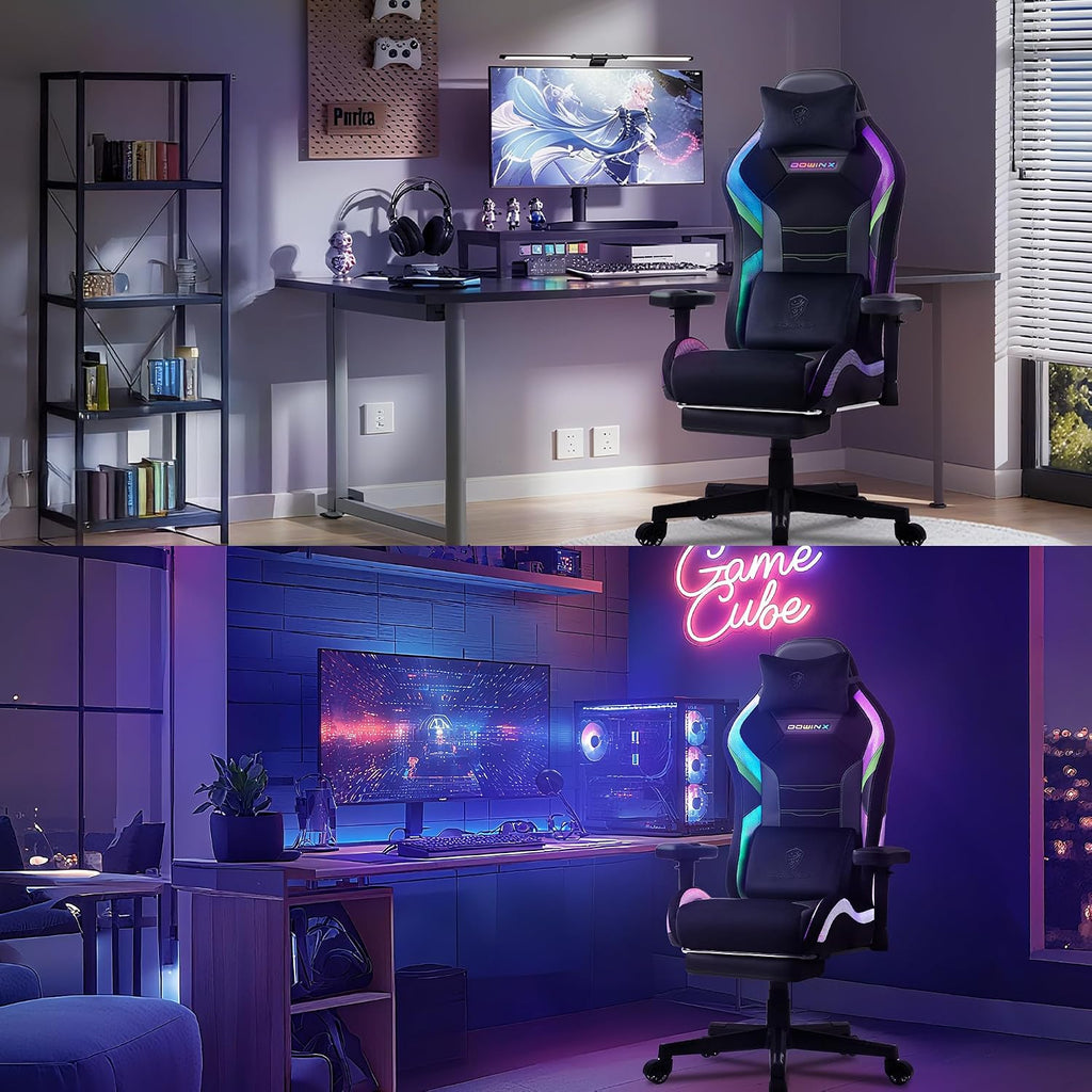 Dowinx Gaming Chair with RGB LED Lights, Ergonomic Game Chair with Footrest Massage Lumbar Support, Computer Gamer Chair for Adults Teens, Black Green