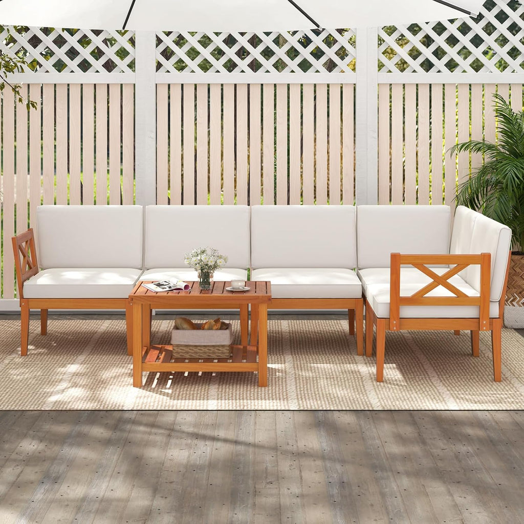 Tangkula 6 Pieces Acacia Wood Patio Furniture Set, Outdoor Sectional Conversation Set with Cushions and 2-Tier Coffee Table, L Shaped Corner Sofa Set for Garden, Porch, Poolside and Backyard