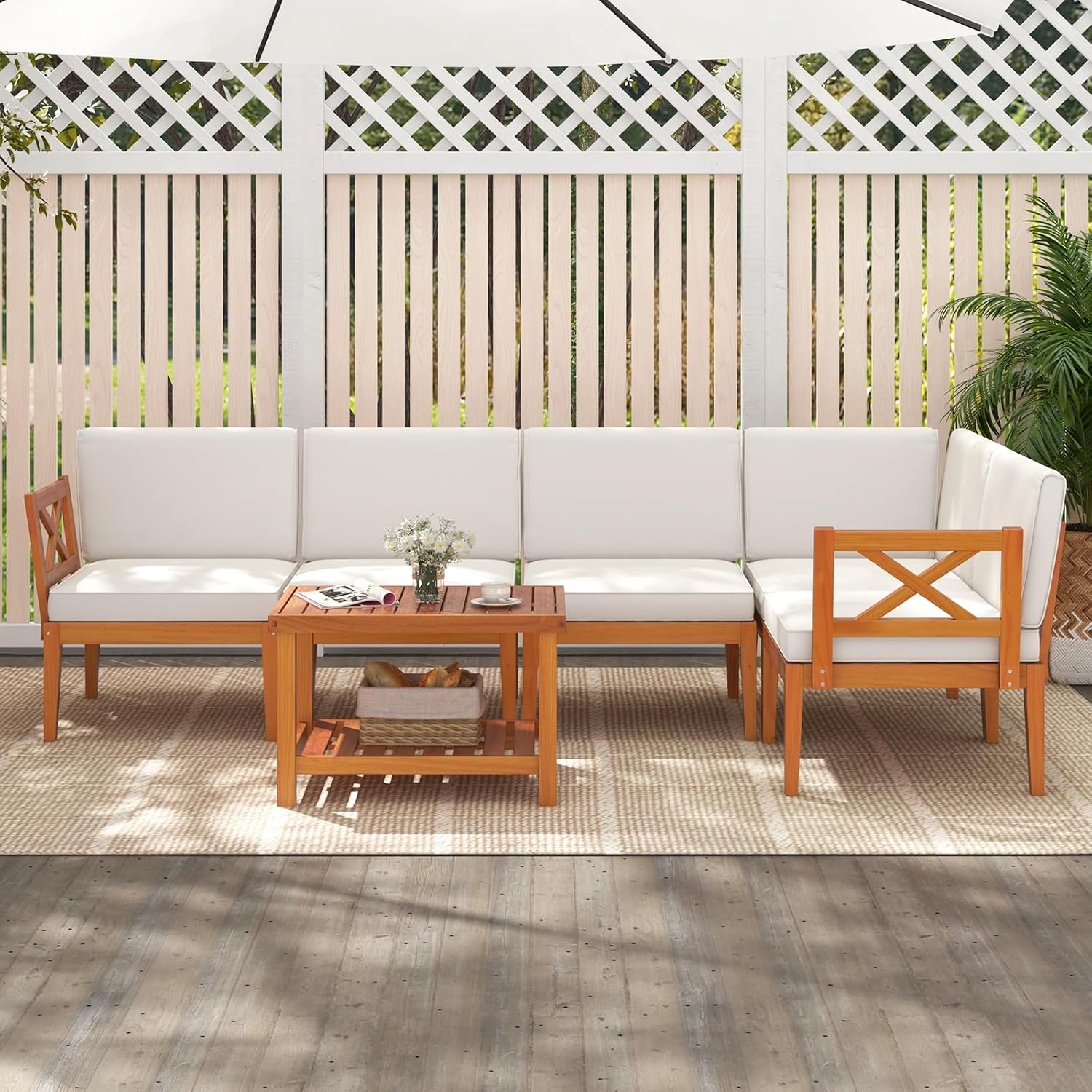Tangkula 6 Pieces Acacia Wood Patio Furniture Set, Outdoor Sectional Conversation Set with Cushions and 2-Tier Coffee Table, L Shaped Corner Sofa Set for Garden, Porch, Poolside and Backyard