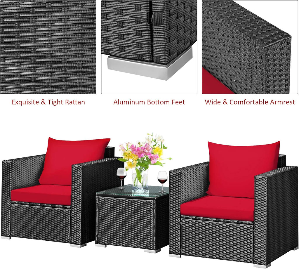 Tangkula 3 Pieces Patio Furniture Set, PE Rattan Wicker Sofa Set w/Washable Cushion and Tempered Glass Tabletop, Outdoor Conversation Furniture for Garden Poolside (Red)