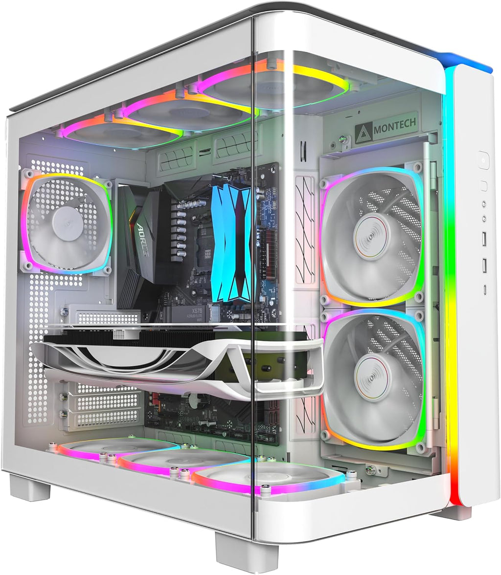 MONTECH King 95 PRO Dual-Chamber ATX Mid-Tower PC Gaming Case, High-Airflow, Toolless Panels, Sturdy Curved Tempered Glass Front, 6 ARGB PWM Fan Pre-Installed with Fan Hub, White