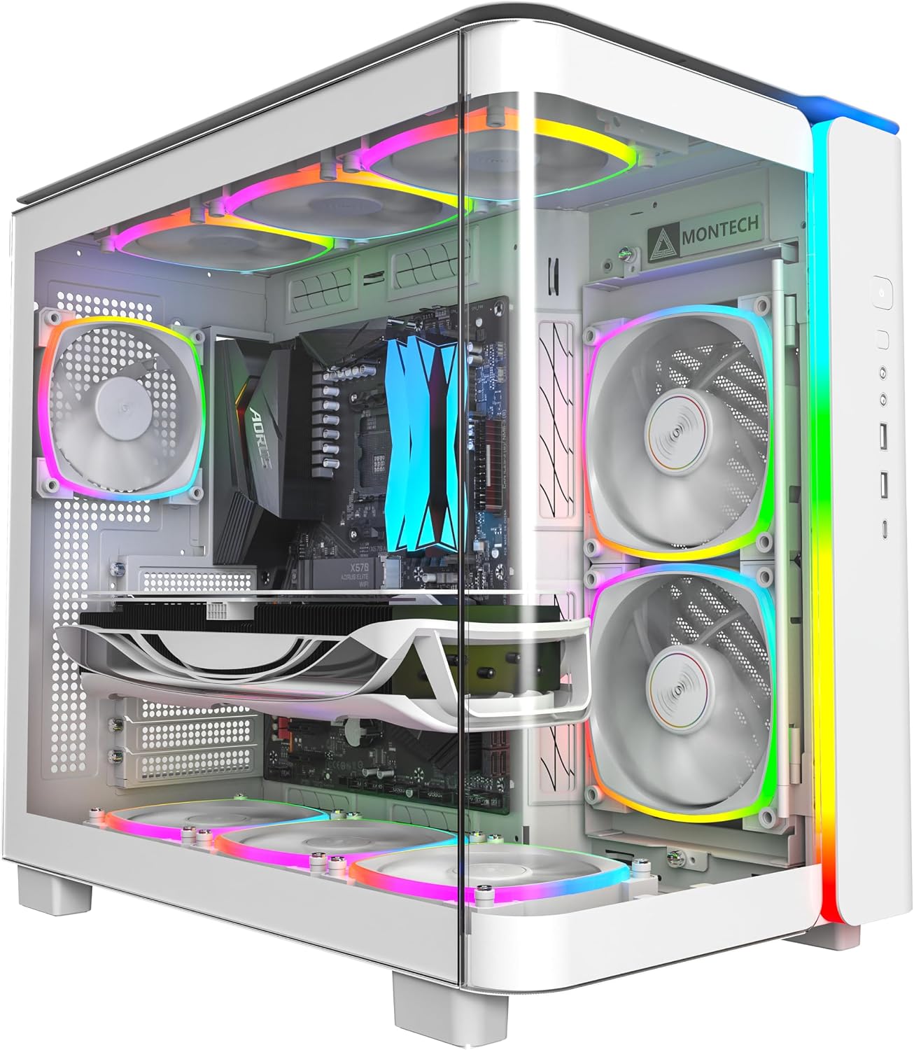 MONTECH King 95 PRO Dual-Chamber ATX Mid-Tower PC Gaming Case, High-Airflow, Toolless Panels, Sturdy Curved Tempered Glass Front, 6 ARGB PWM Fan Pre-Installed with Fan Hub, White
