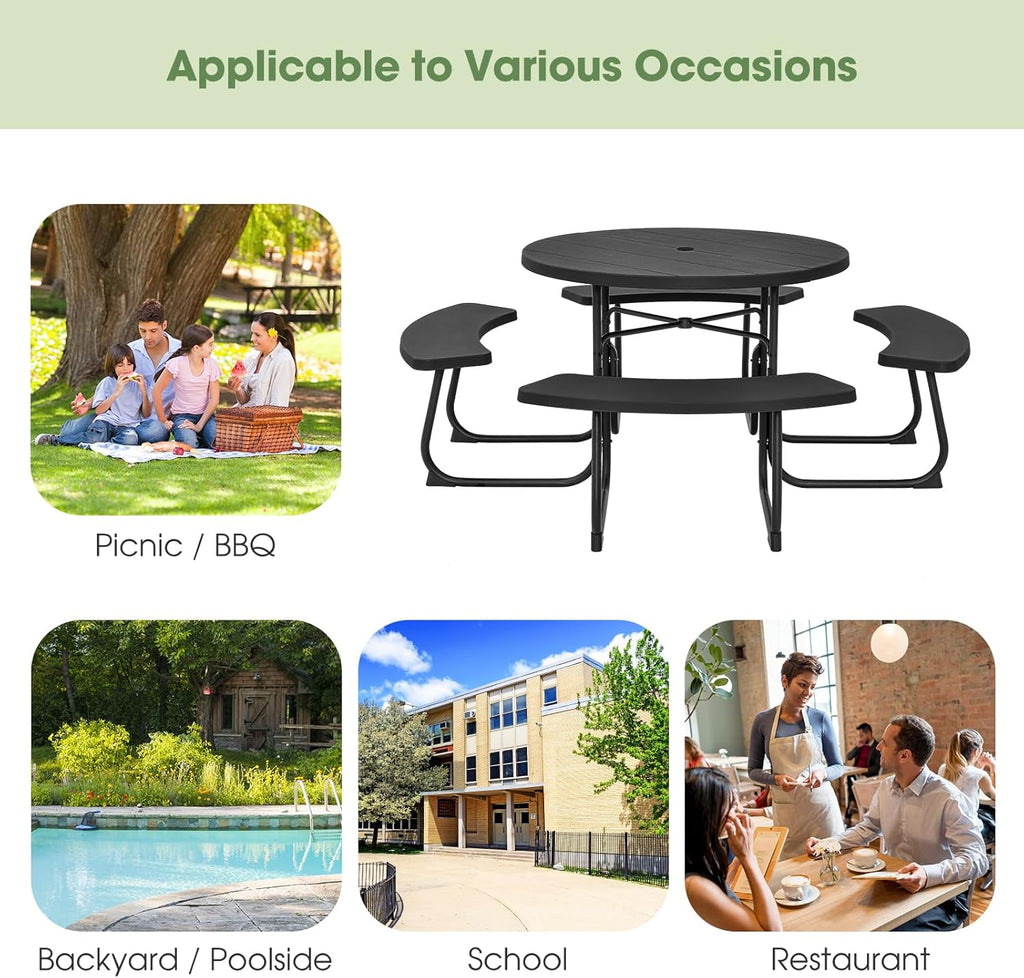Giantex Picnic Table Set for Up to 8 Persons, Round Outdoor Table and Bench Set with Umbrella Hole, HDPE Top & Metal Frame, 2000LBS Capacity, Patio Table Bench for Deck Backyard Garden (Black)