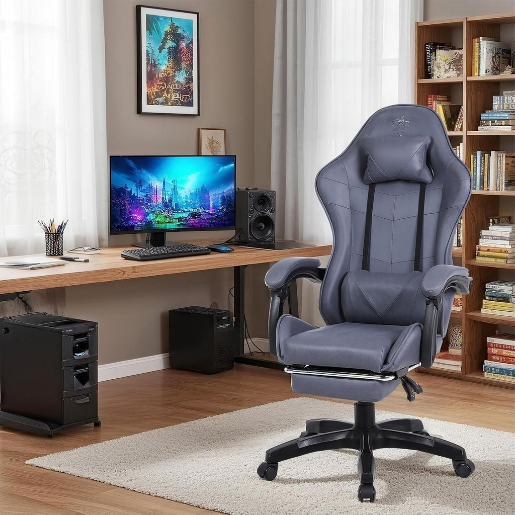 High-Back PC Gaming Chair Office Chair, Desk Task Chair Computer Racing Chair, PU Ergonomic Executive Swivel Rolling Chair with Lumbar Support for Women, Men (Grey)
