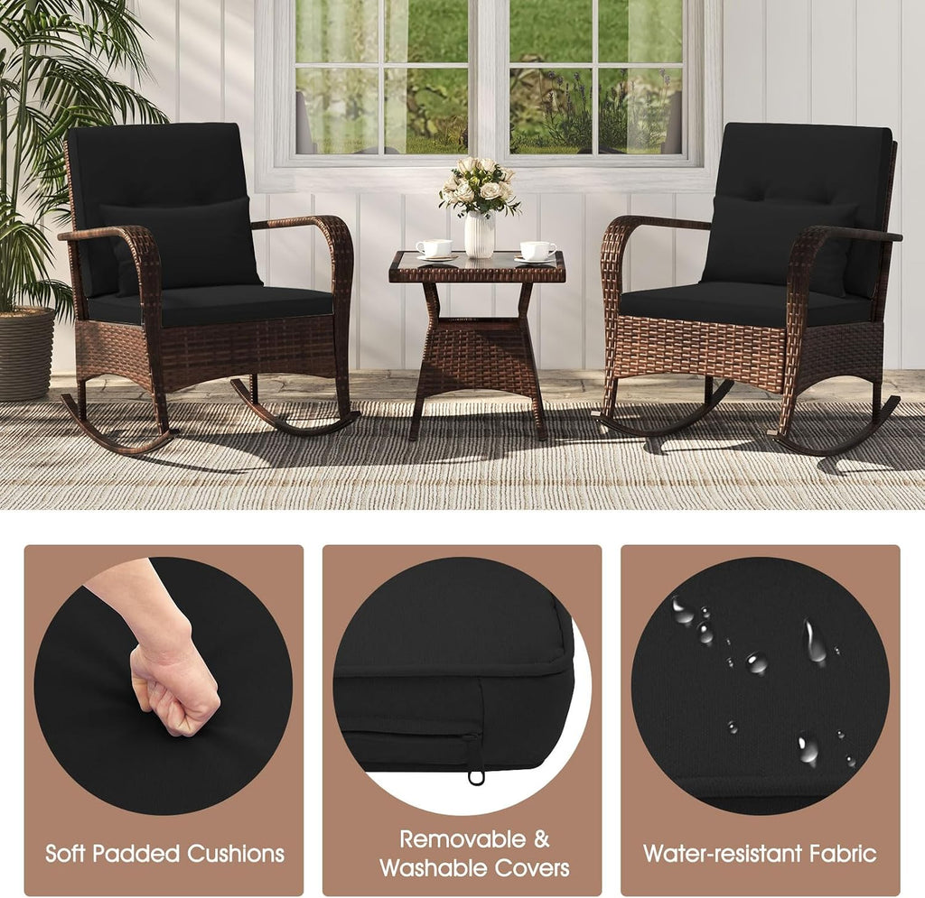 ORALNER 3 Pieces Patio Furniture Set, Outdoor Wicker Rocking Chairs with Cushions, Pillows, Glass Coffee Table, Rattan Bistro Rocker Set for Balcony Front Porch Poolside Garden Deck Yard (Black)