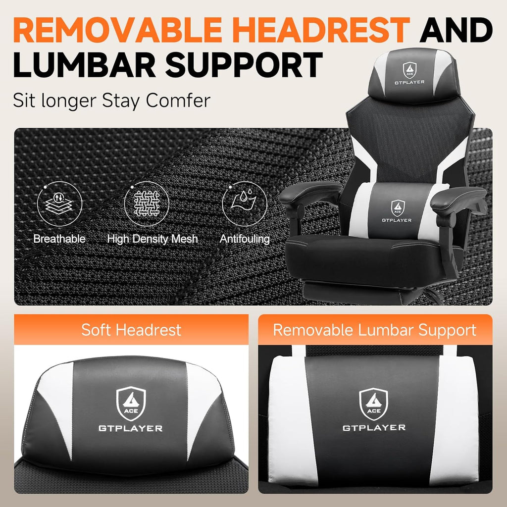 GTPLAYER Computer Chair with Adjustable Footrest, Ergonomic Gaming Chair with Headrest and Lumbar Support, Breathable Mesh Office Chair for Adults, High Back Reclining Desk Chair for Gaming and Office